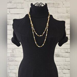 Vintage Gold Tone Faux Pearl Long Layering Necklace Statement Chain